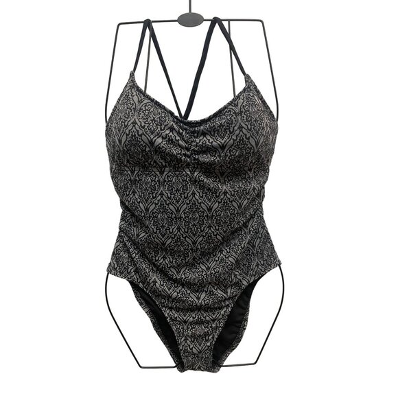 ladies Swimsuit XL Jacquard Damask Grey Black ruched beach swim ladder back - Picture 1 of 6